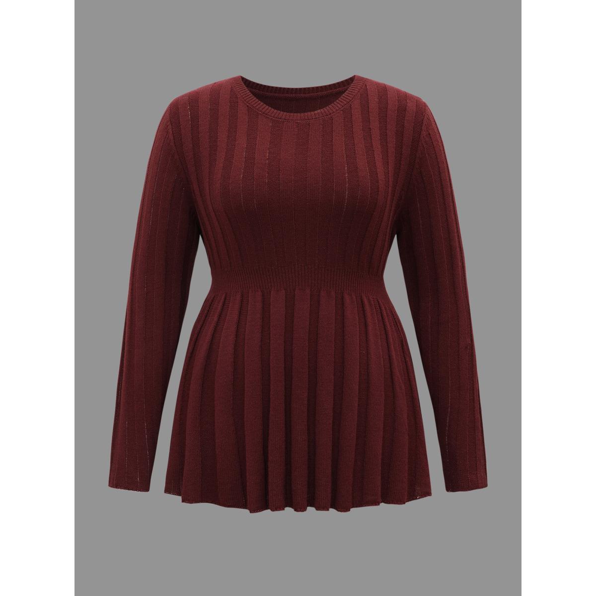 Plus Size Plain Cable Knit Pleated Texture Pullover Deepred Women Casual Bodycon Long Sleeve Round Neck Everyday Pullovers BloomChic 12/L Product Image