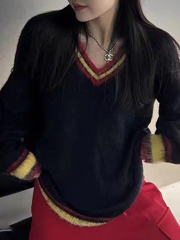 Contrast Color Trim V Neck Sweater Product Image