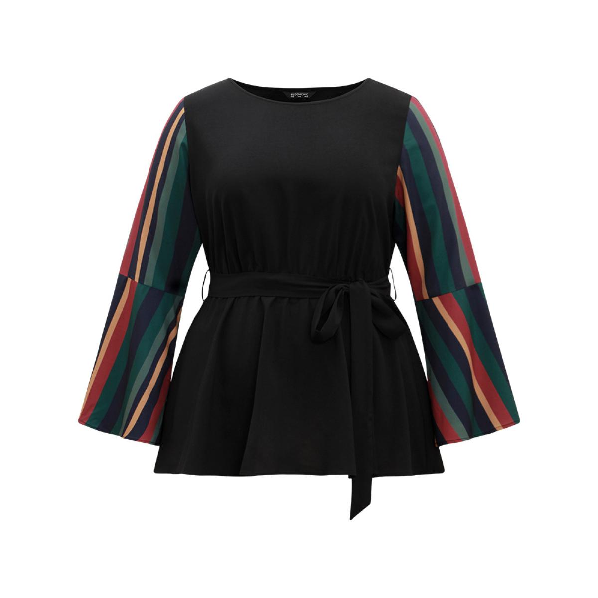 Plus Size Black Striped Patchwork Belted Bell Sleeve Blouse Women Vacation Long Sleeve Round Neck Vacation Blouses BloomChic 18-20/2X Product Image