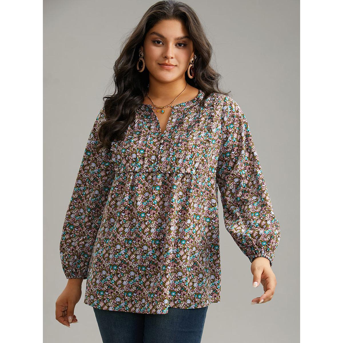 Plus Size DarkBrown Ditsy Floral Notched Frill Trim Blouse Women Elegant Long Sleeve Notched collar Dailywear Blouses BloomChic 30/6X Product Image