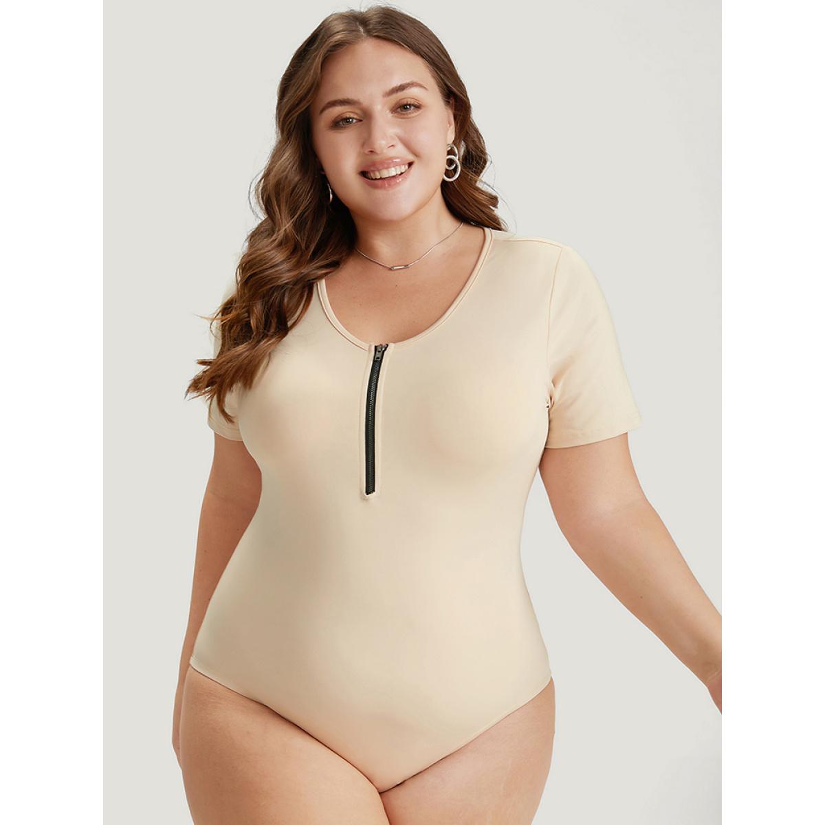 Plus Size Plain Zipper Half Crew Neck Bodysuit Women Champagne Plain Zipper Bodysuits BloomChic 26/4X Product Image