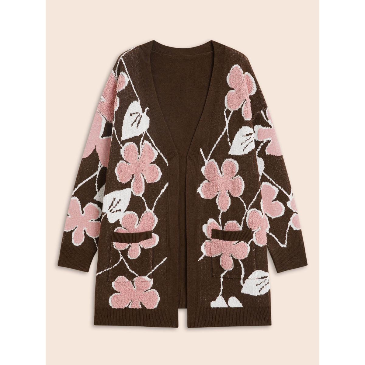 Plus Size Floral Jacquard Open Front Pocket Cardigan Browncoffeecolor Women Playful Loose Long Sleeve Casual Cardigans BloomChic 18-20/2X Product Image