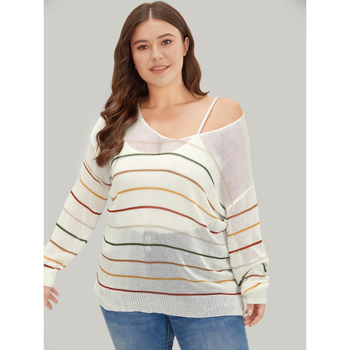 Plus Size Rainbow Striped Mesh Lightweight Pullover Multicolor Women Casual Loose Long Sleeve Open Front Everyday Pullovers BloomChic 28/5X Product Image