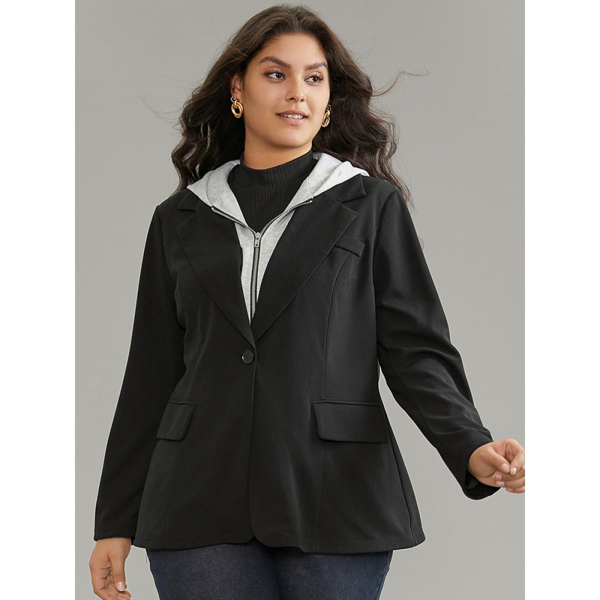 Plus Size Contrast Patchwork Zipper Button Up Hooded Blazer Black Women Dailywear Plain Lined Sleeve Long Sleeve Hooded 26/4X Pocket Casual Blazers BloomChic Product Image