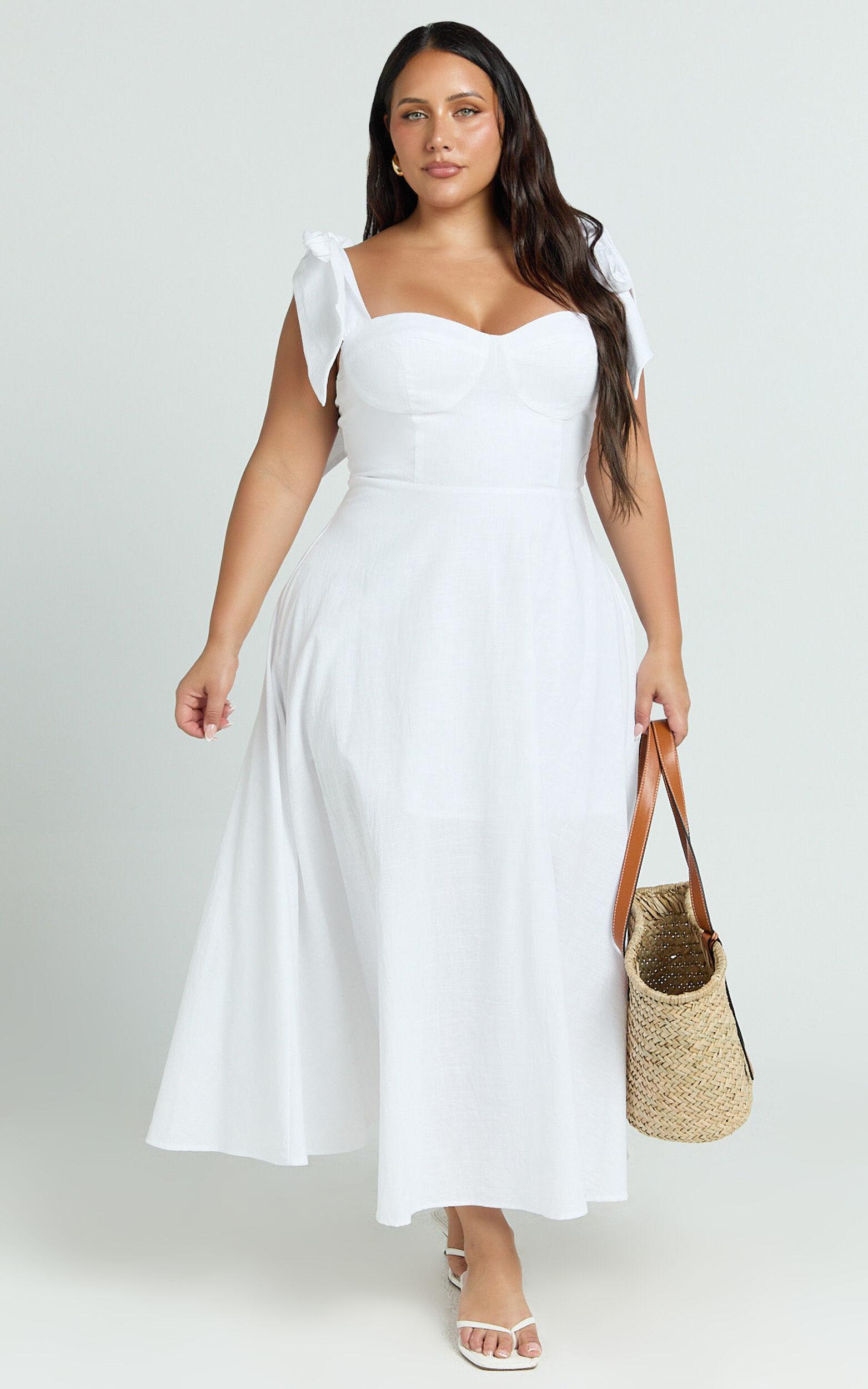 Tymia Midi Dress - Shoulder Tie Bustier Shirred Back A Line in White Product Image