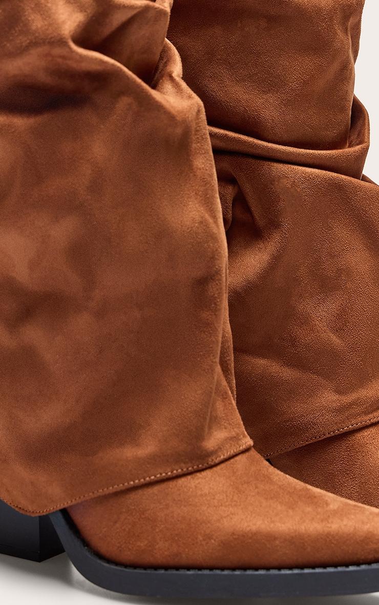Tan Faux Suede Point Toe Fold Over Block Heel Knee High Boots Product Image