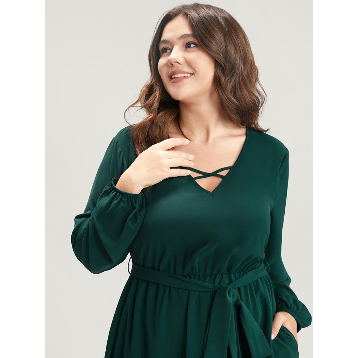 Plus Size Solid Pocket Crisscross V Neck Laser Cut Belted Dress DarkGreen Women Elegant Belted V-neck Long Sleeve Curvy Midi Dress BloomChic 12/L Product Image