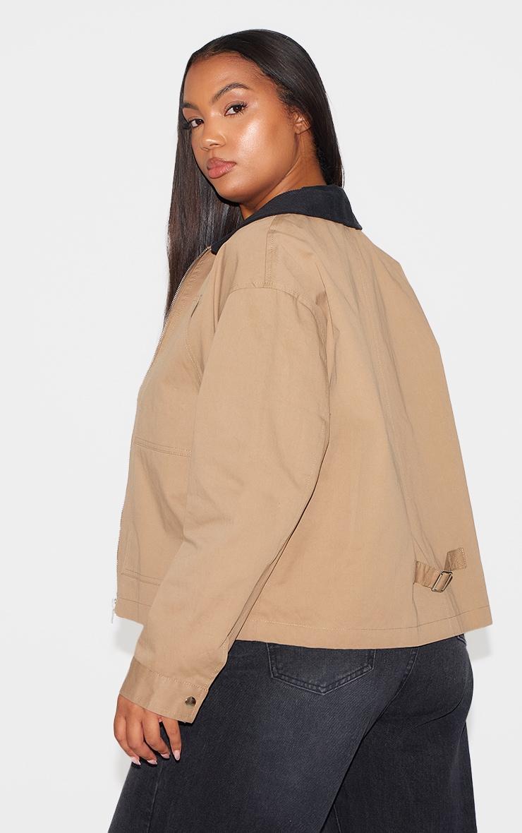 Plus Beige Contrast Collar Pocket Detail Trucker Jacket Product Image