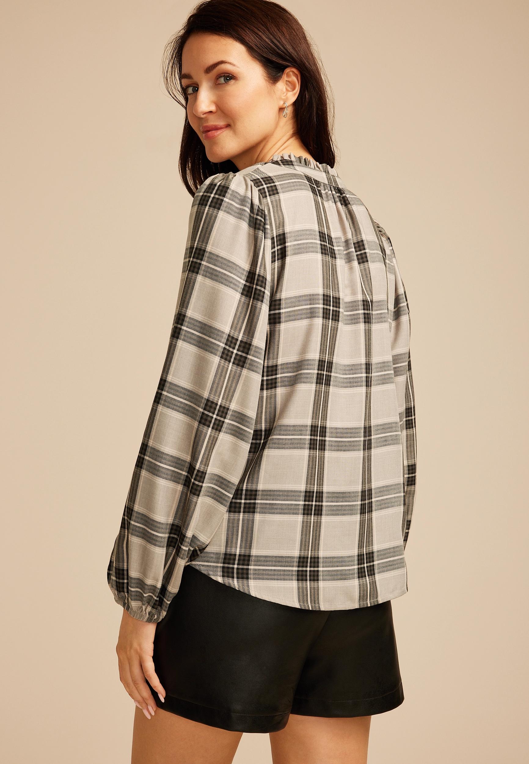 Plaid V Neck Blouse Product Image