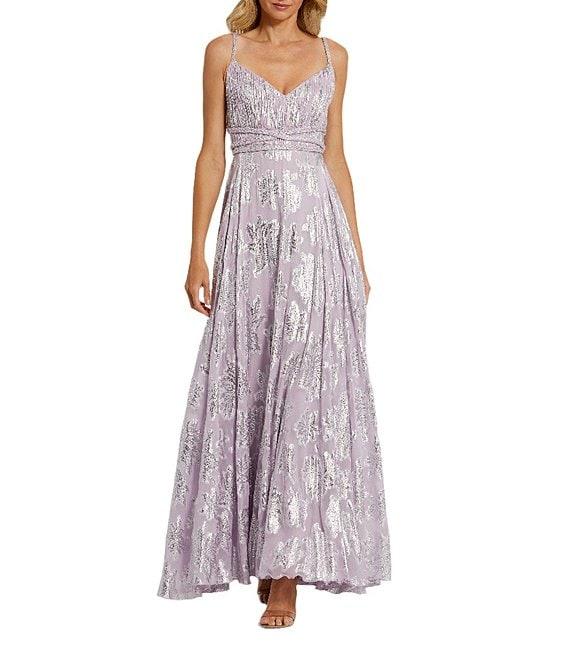 Mac Duggal Double V-Neck Braided Strap Ruched Floral Chiffon A-Line Gown Product Image