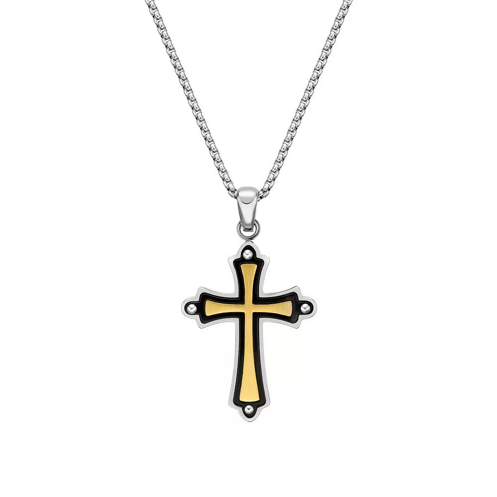 LYNX Men's Tri-Tone Stainless Steel Cross Pendant Necklace, Size: 24" Product Image