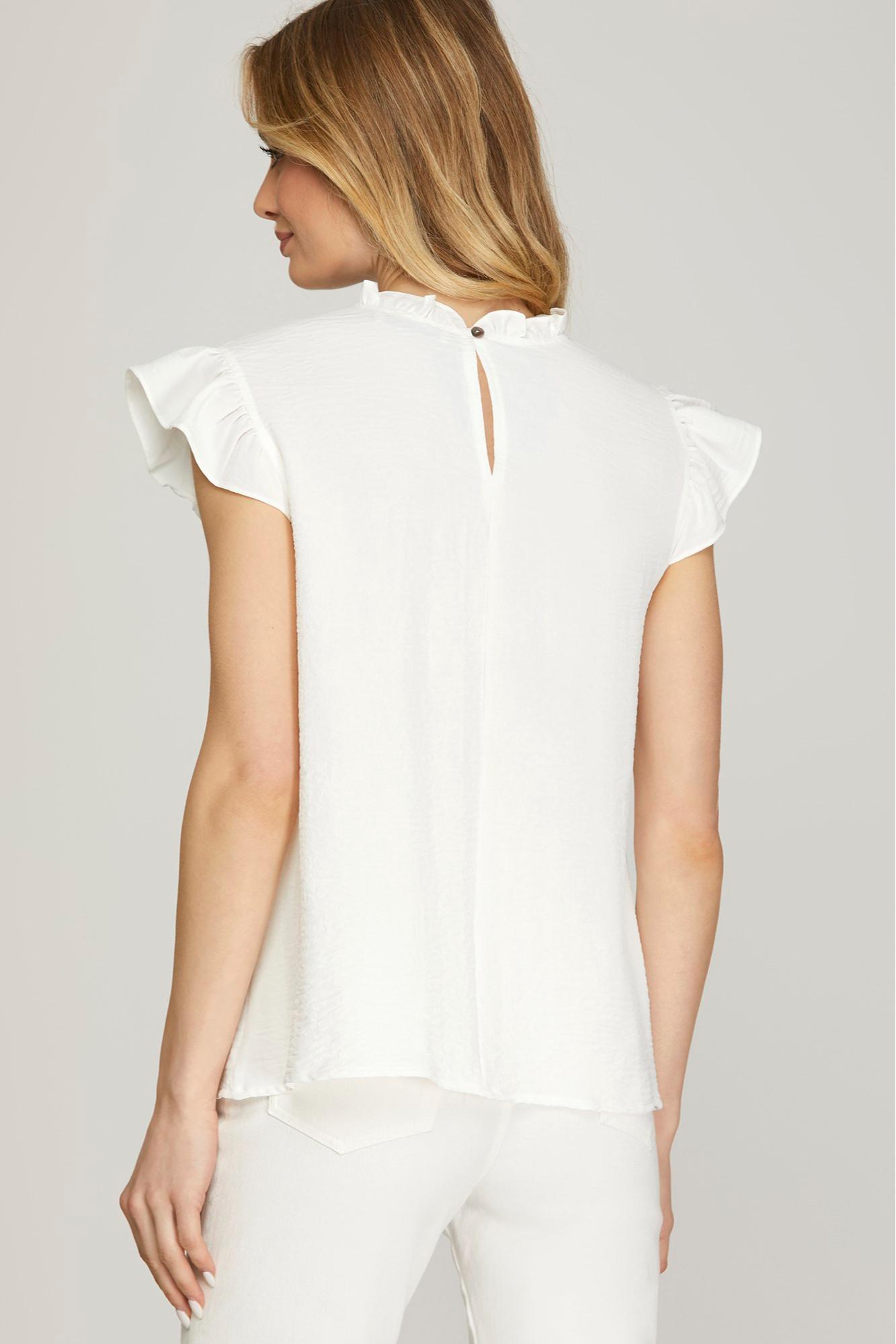 RUFFLE SLEEVE PINTUCK DETAIL WOVEN TOP Product Image