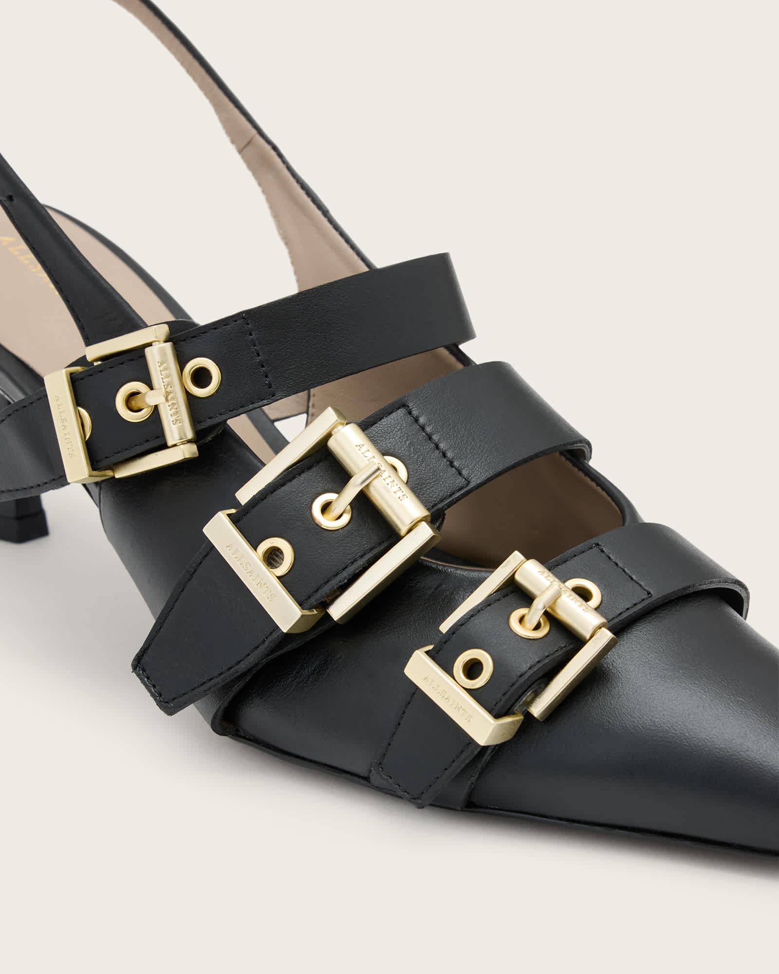 Vivian Leather Buckle Slingback Heels Black | ALLSAINTS US Product Image