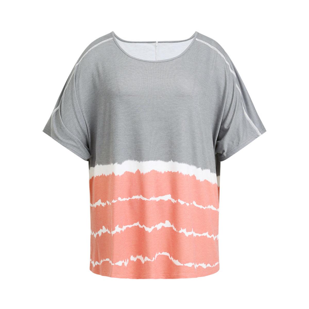 Plus Size Tie Dye Contrast Stitched Batwing Sleeve Striped T-shirt Multicolor Women Casual Tie Dye Striped Round Neck Loose Dailywear T-shirts BloomChic 22-24/3X Product Image