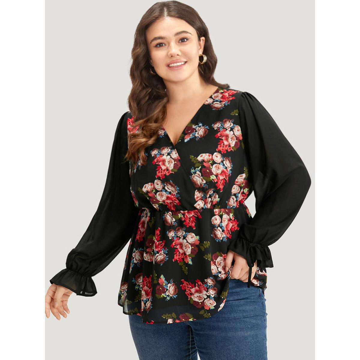 Plus Size Black Floral Print Patchwork Wrap Ties Lantern Sleeve Blouse Women Elegant Long Sleeve V-neck Dailywear Blouses BloomChic 30/6X Product Image