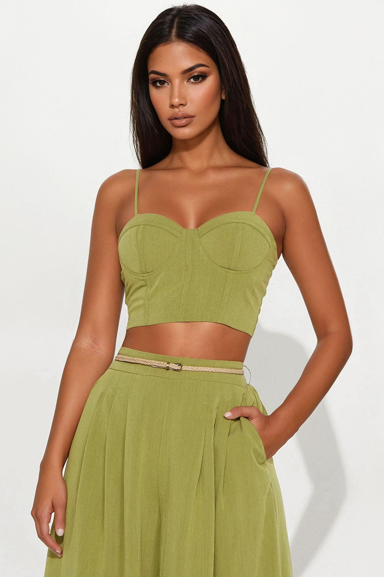 Sandy Toes Linen Wide Leg Pant Set - Olive Female Product Image