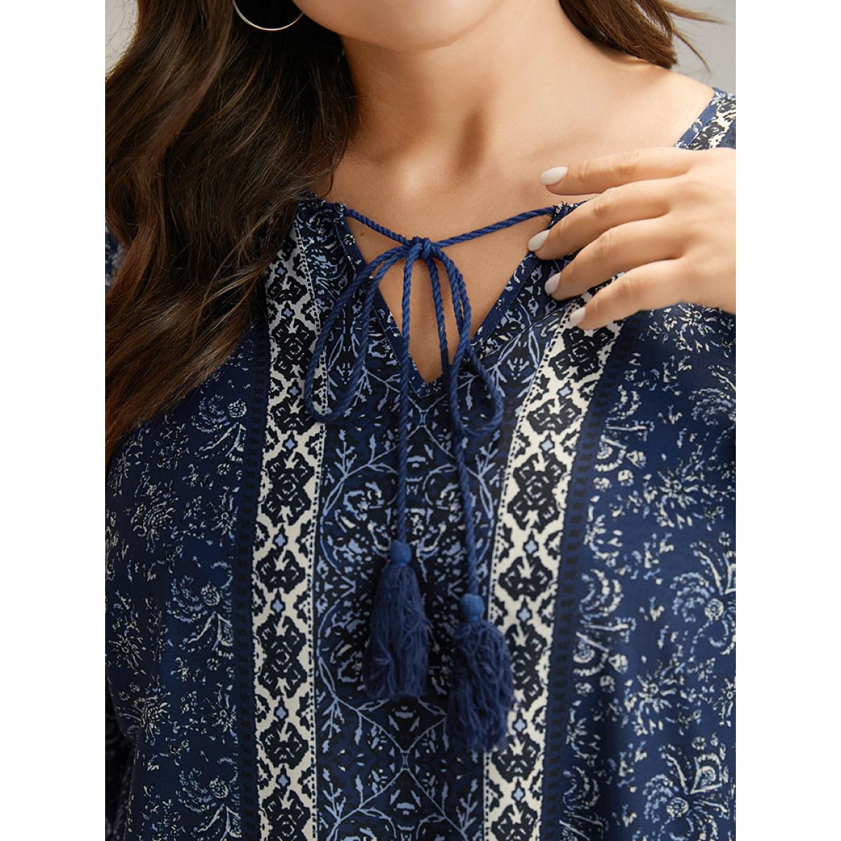 Plus Size Indigo Bandana Print Tassels Ties Blouse Women Vacation Long Sleeve Tie Neck Dailywear Blouses BloomChic 30/6X Product Image