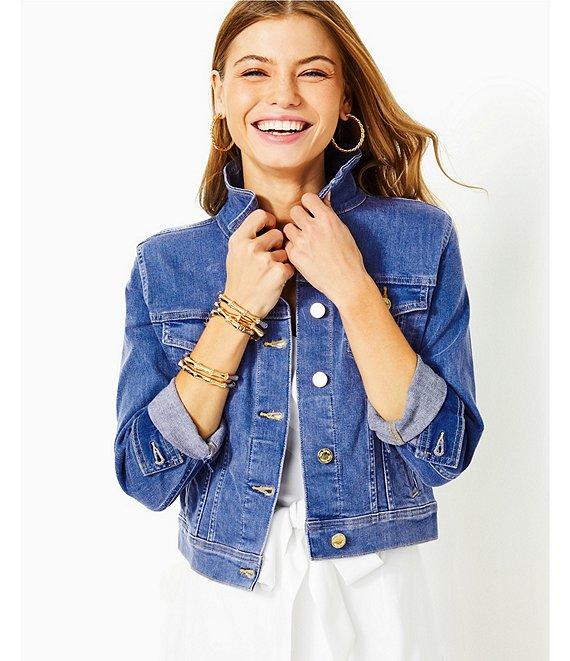 Lilly Pulitzer Seaspray Denim Point Collar Long Sleeve Chest Pocket Button Down Jacket Product Image