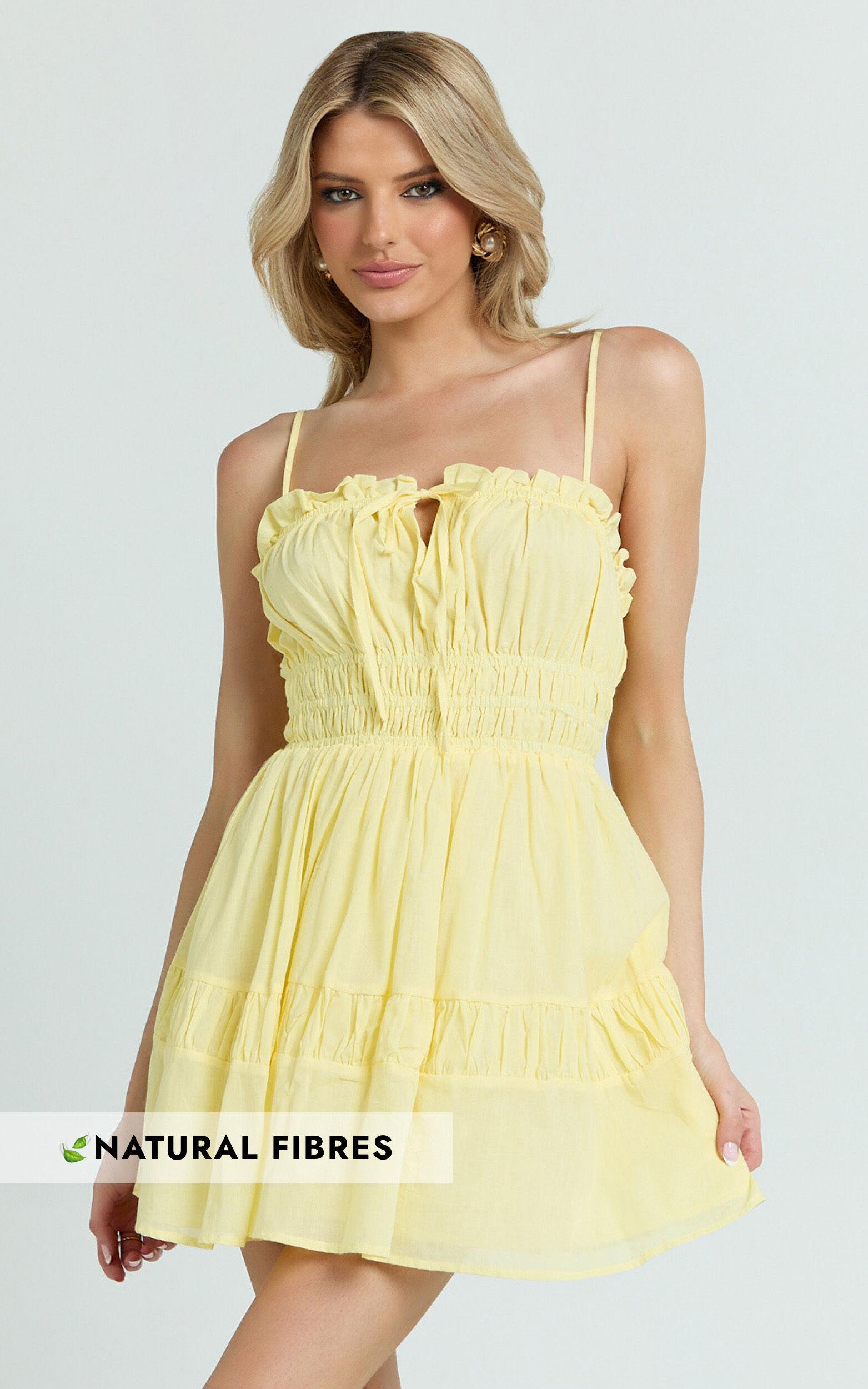 Jamaica Mini Dress - Ruched Bust Tiered Skirt Dress in Lemon Product Image