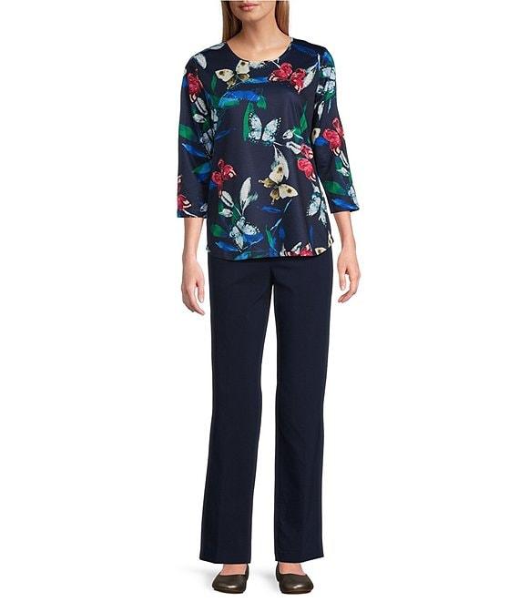 Allison Daley Butterfly Print 3/4 Sleeve Crew Neck Knit Top Product Image