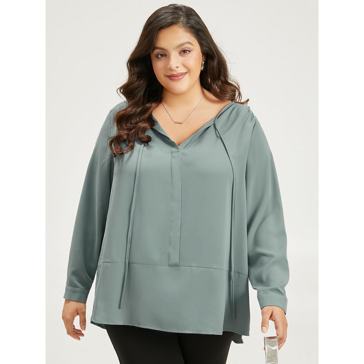 Plus Size SlateGray Solid Tie Neck Gathered Blouse Women Office Long Sleeve Tie Neck Office Blouses BloomChic 22-24/3X Product Image