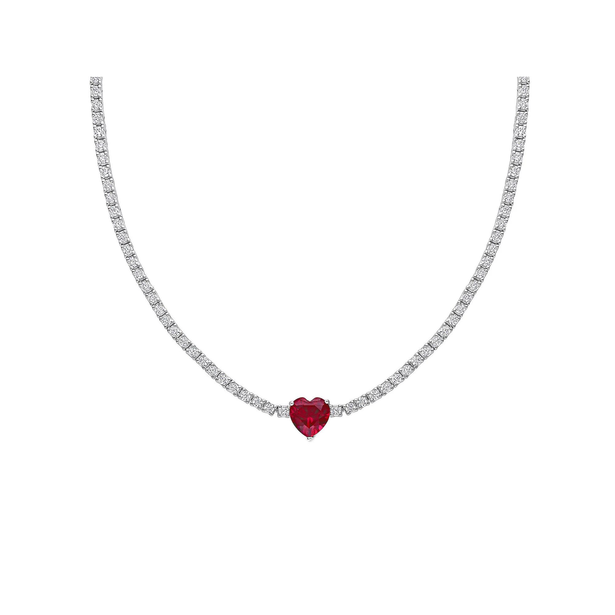 Stella Grace Sterling Silver Heart Shapd Lab-Created Ruby & Lab-Created White Sapphire Tennis Necklace, Women's, Size: 15" Product Image