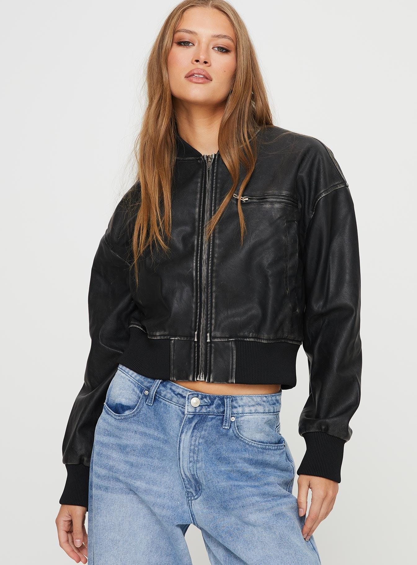 Sweet Disaster Faux Leather Cropped Bomber Jacket Black Product Image