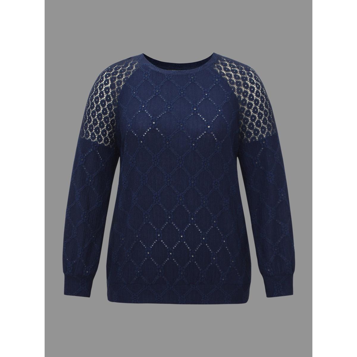 Plus Size Raglan Lace Mesh Sleeve Textured Sweatshirt Women Indigo Elegant See through Round Neck Everyday Sweatshirts BloomChic 26/4X Product Image