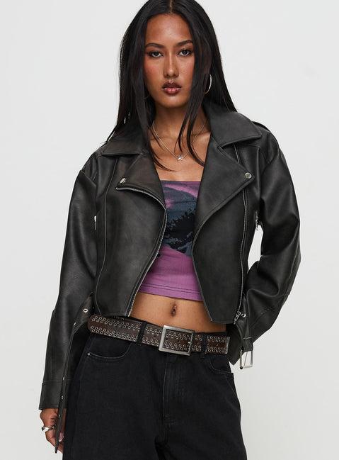 Face The Wind Faux Leather Jacket Grey Product Image