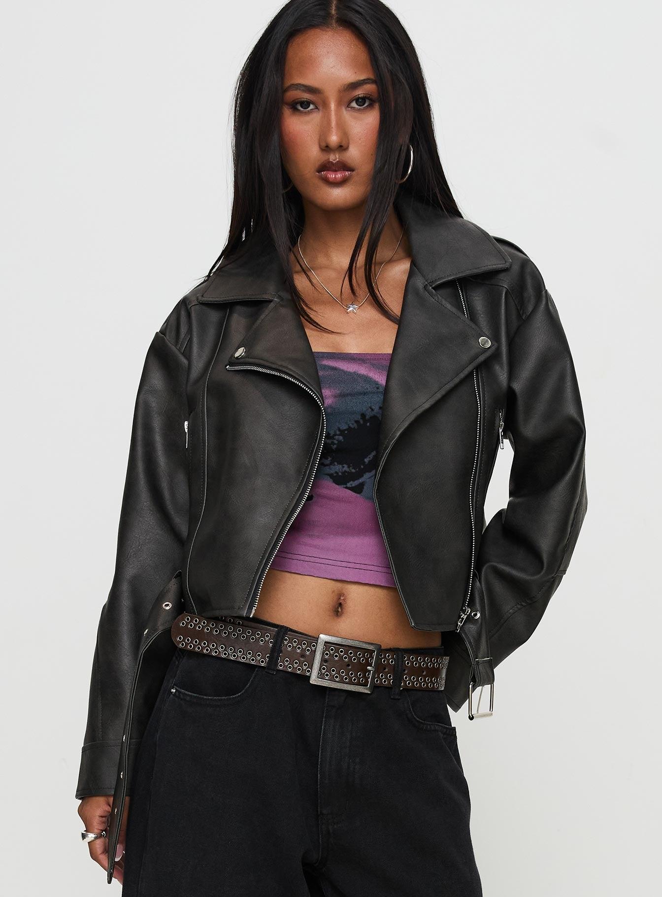 Face The Wind Faux Leather Jacket Grey Product Image