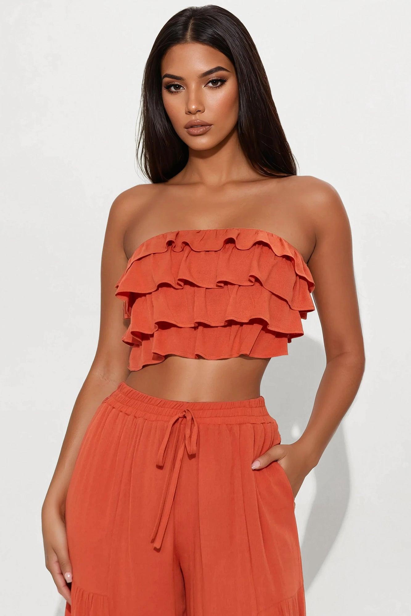 Aurora Ruffle Wide Leg Pant Set - Rust Product Image