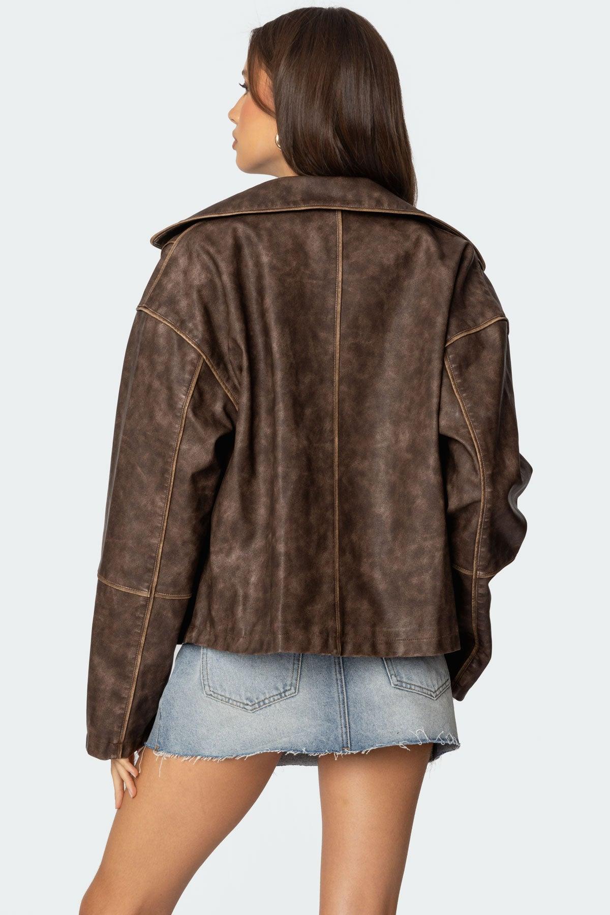 Oversized Washed Faux Leather Jacket Product Image