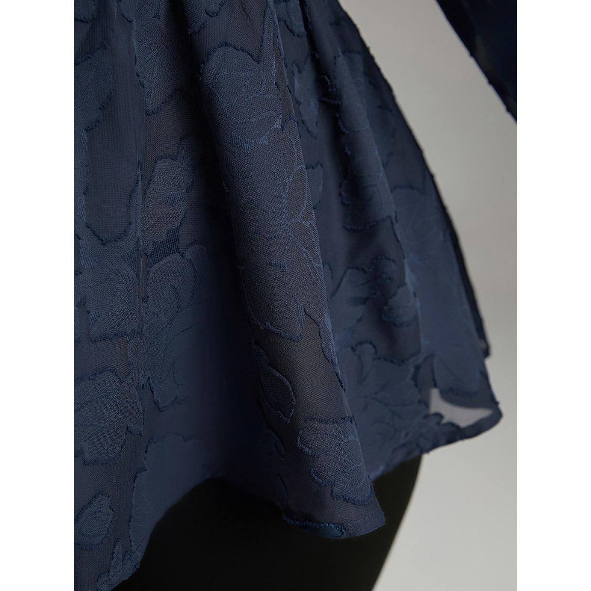 Plus Size Indigo Floral Mesh Elastic Waist Button Detail Blouse Women Glamour Long Sleeve V-neck Going out Blouses BloomChic 26/4X Product Image