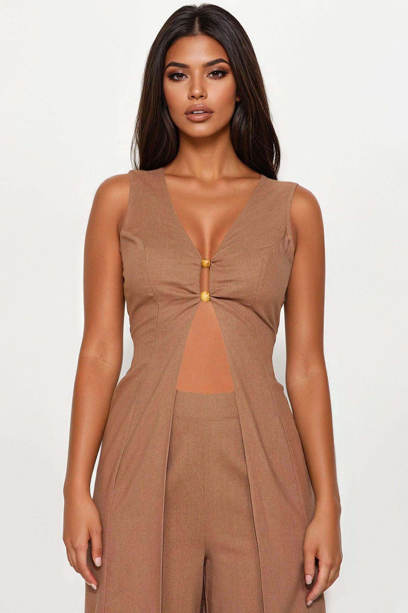 Summer Vacation Linen Pant Set - Mocha Product Image