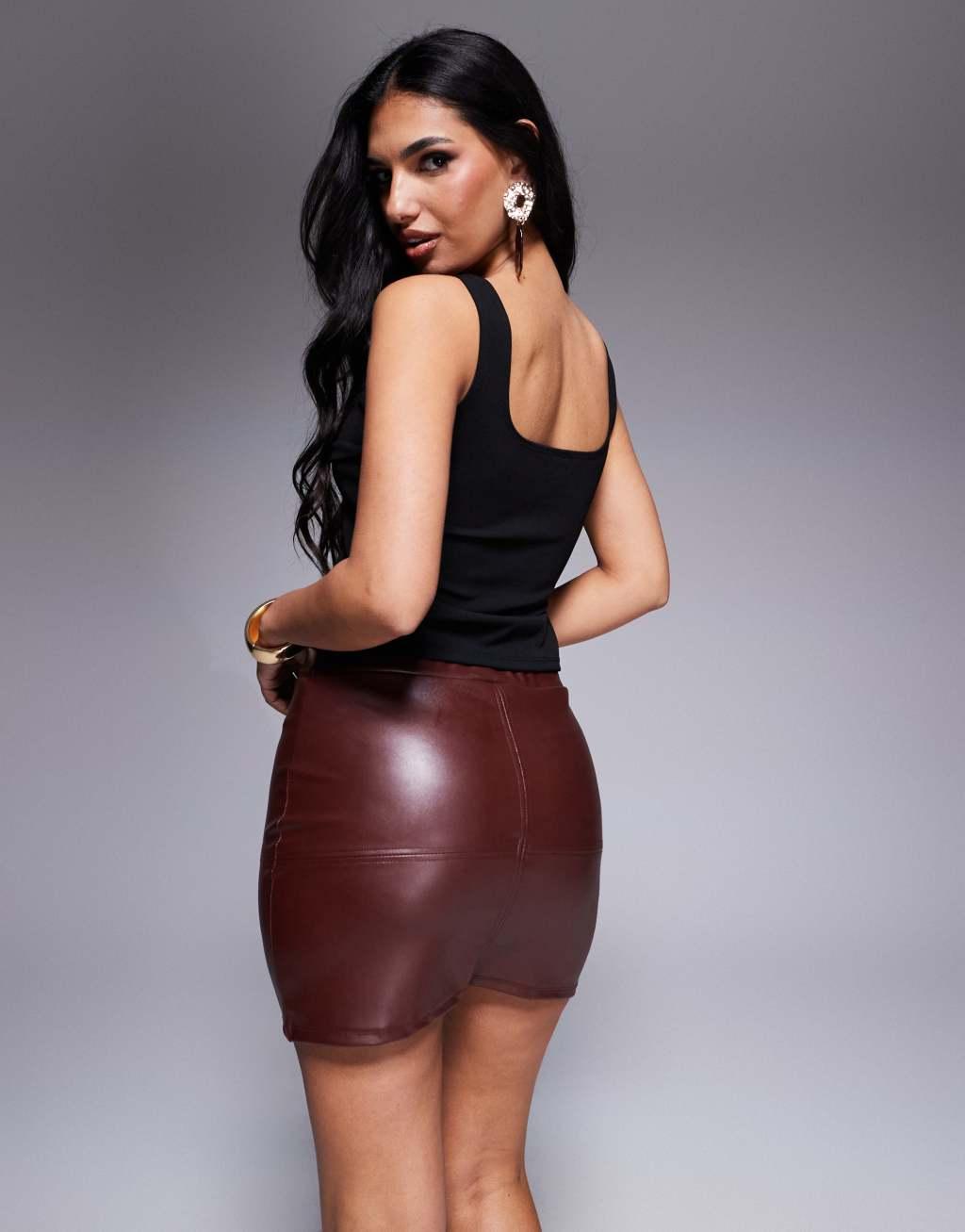 ASOS DESIGN leather look mini skirt with seam detail in brown Product Image