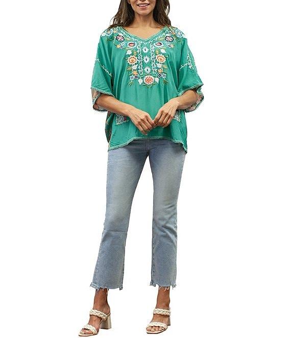 Karyn Seo Embroidered V-Neck Short Sleeve Printed Back Blouse Product Image