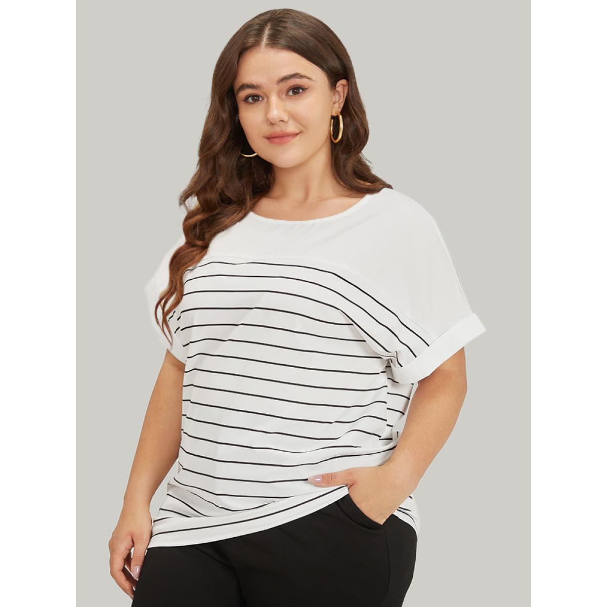 Plus Size White Striped Patchwork Roll Batwing Sleeve Blouse Women Office Short sleeve Round Neck Work Blouses BloomChic 22-24/3X Product Image