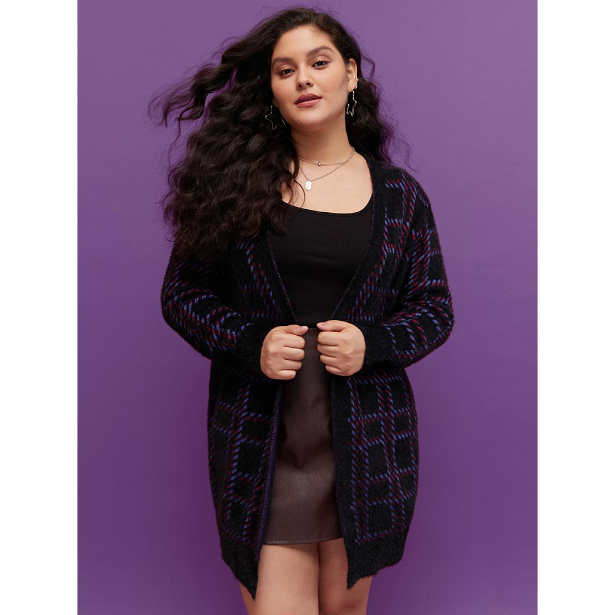 Plus Size Plaid Contrast Soft Sexy Yarn Knit Fluffy Open Front Cardigan BlackFlower Women Casual Loose Long Sleeve Everyday Cardigans BloomChic 10/M Product Image