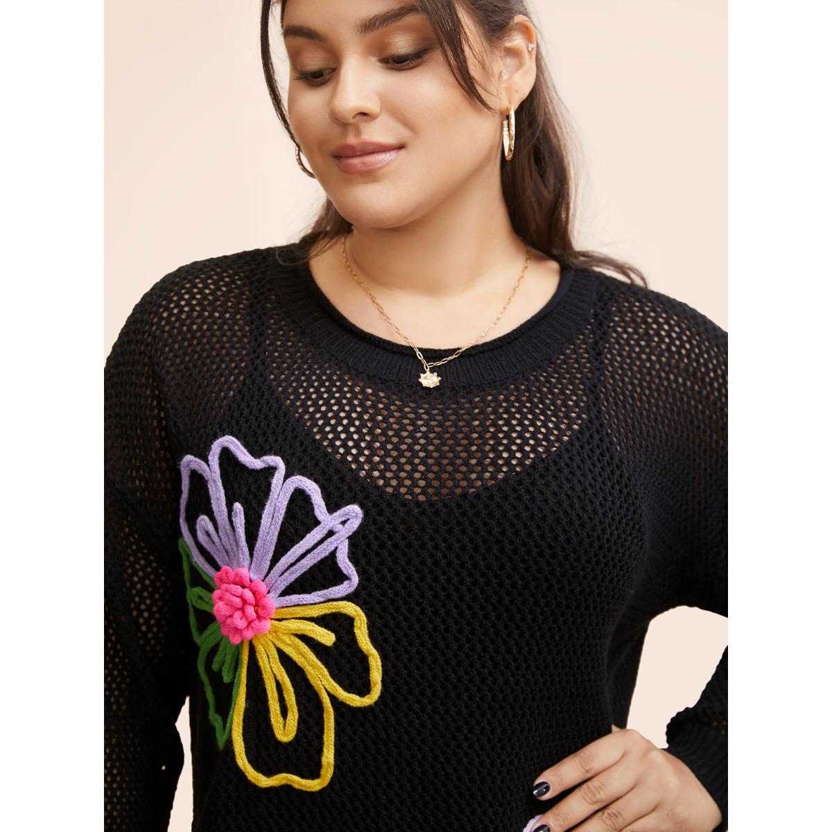 Plus Size Crochet Floral Contrast Texture Pullover Black Women Casual Long Sleeve Round Neck Everyday Pullovers BloomChic 10/M Product Image