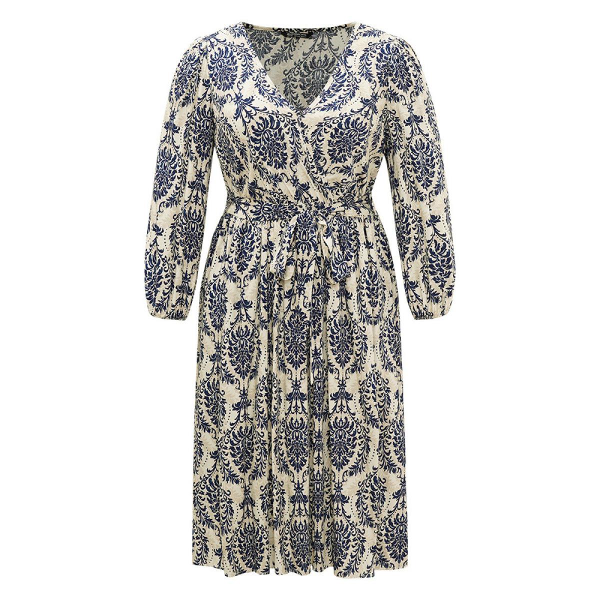 Plus Size Supersoft Essentials Boho Print Elastic Waist Belted Dress Indigo Women Vacation Elastic cuffs Overlap Collar Long Sleeve Curvy Midi Dress BloomChic 12/L Product Image