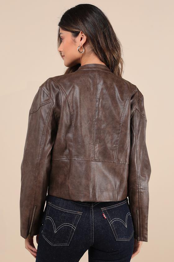 Rebel Brown Vegan Leather Cropped Moto Jacket Product Image