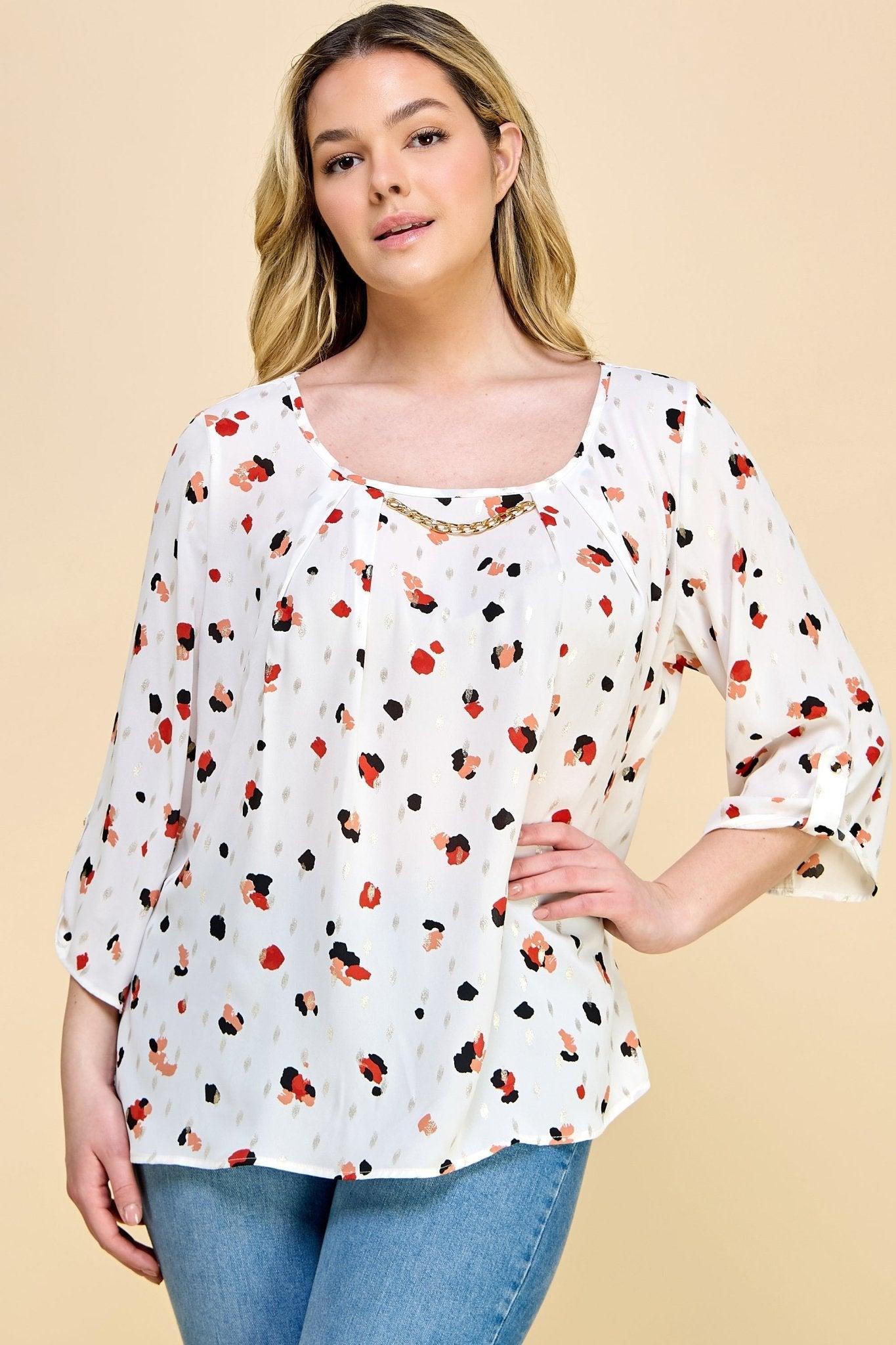 3/4 Button Cuff Sleeve 3 Button V-Neck Smock Shoulder Popover Lined Bubble Blouse - Plus Product Image