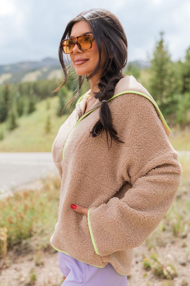 My Go To Taupe and Lime Sherpa Quarter Zip Hooded Pullover FINAL SALE Product Image
