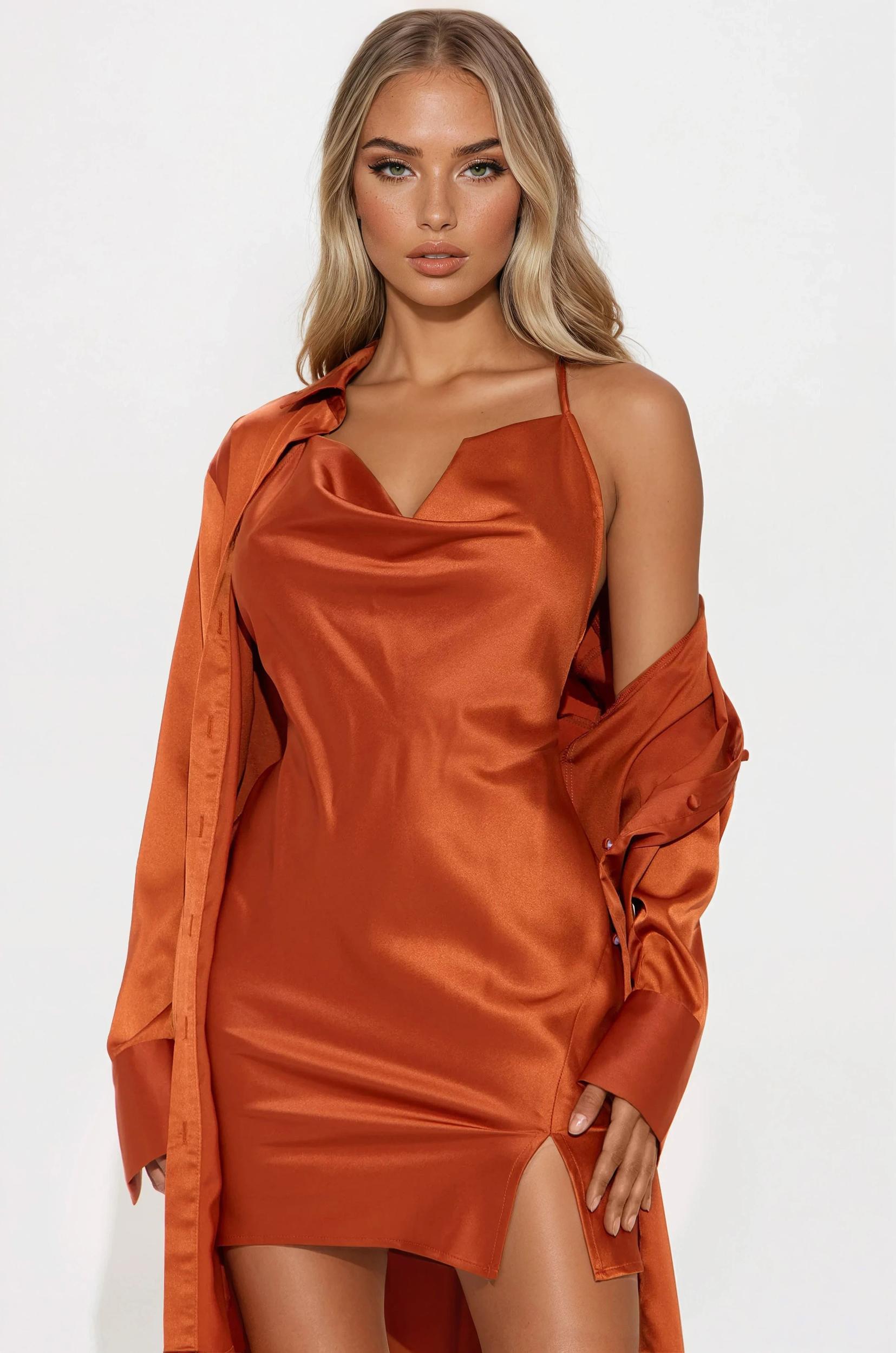 Adria Satin Mini Dress Set - Cognac Female Product Image
