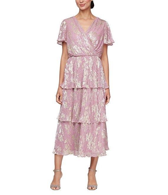 Ignite Evenings V-Neck Tiered Metallic Foil Midi Dress Product Image