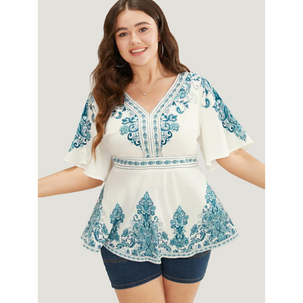 Plus Size Cerulean Bandana Print Ruffles Elastic Waist Blouse Women Vacation Short sleeve V-neck Dailywear Blouses BloomChic 22-24/3X Product Image