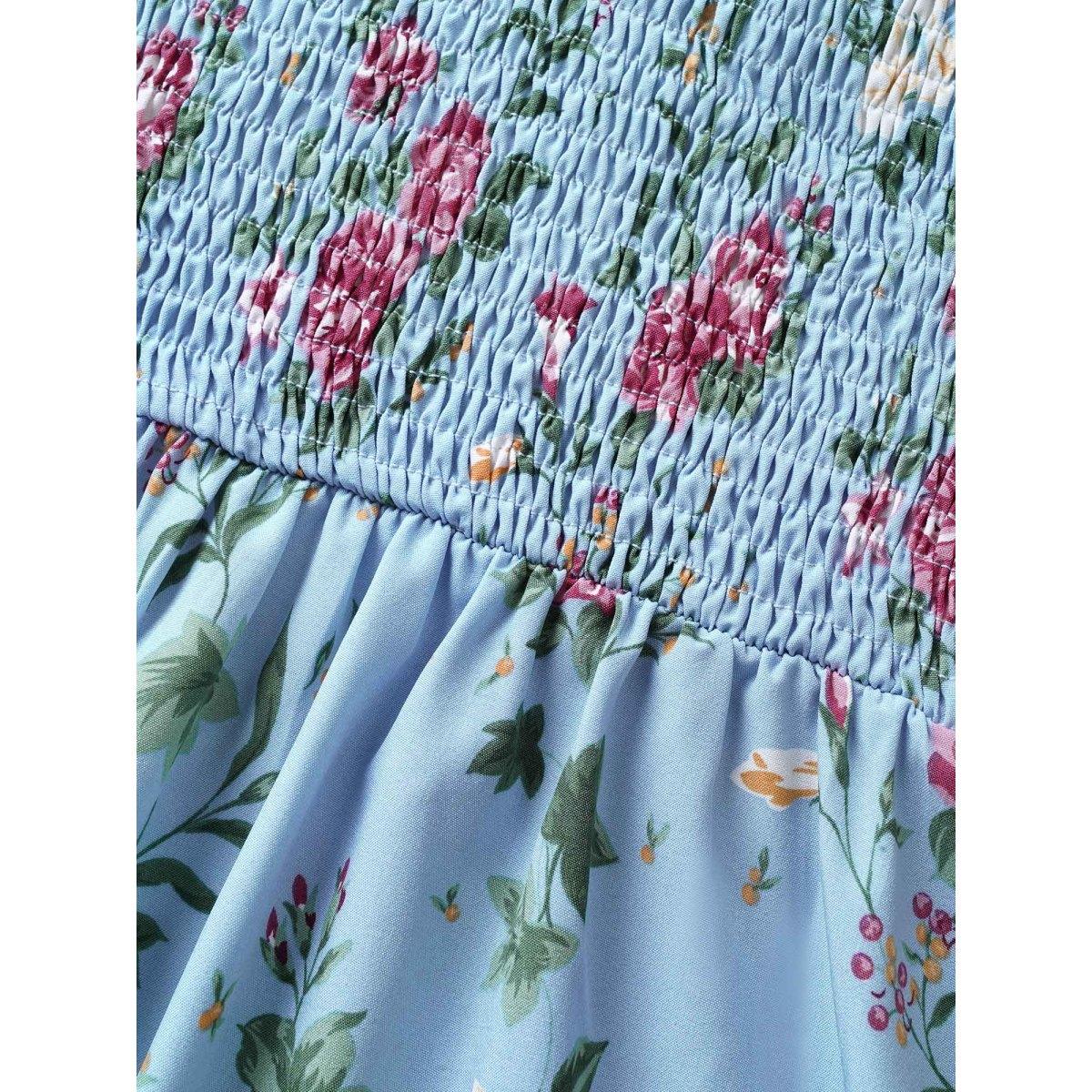 Plus Size Floral Heart Neckline Shirred Lantern Sleeve Dress LightBlue Women Elegant Gathered Heart neckline Short sleeve Curvy Midi Dress BloomChic 12/L Product Image