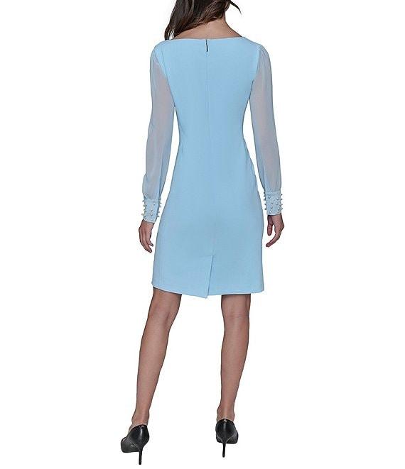 KARL LAGERFELD PARIS Scuba Crepe Crew Neck Chiffon Long Sleeve Pearl Cuff Sheath Mini Dress Product Image