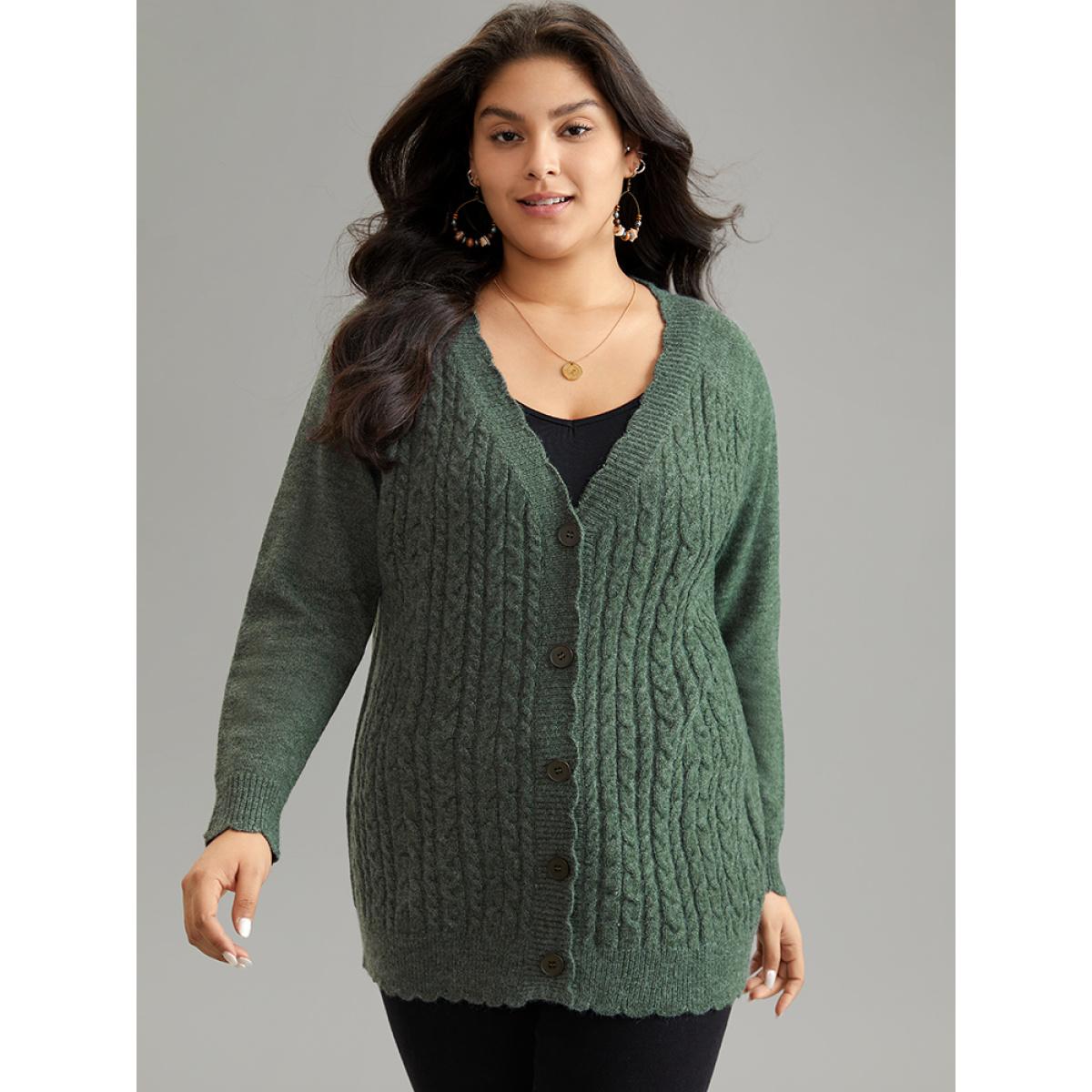 Plus Size Solid Cable Knit Scalloped Trim Cardigan DarkGreen Women Casual Loose Long Sleeve Dailywear Cardigans BloomChic 26/4X Product Image