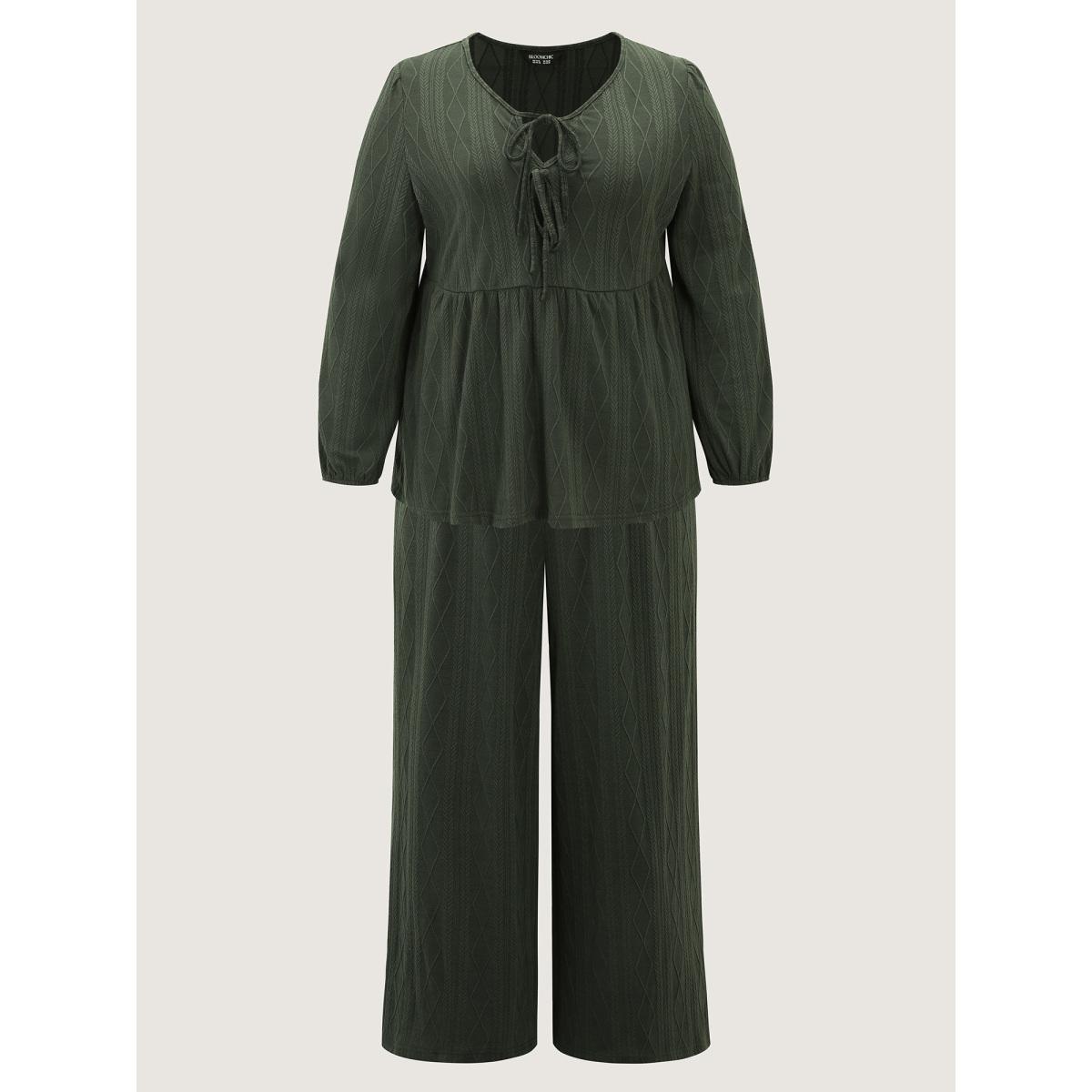 Plus Size Textured Front-Tie Relaxed-Fit Lounge Set Women ArmyGreen Tie knot Extra Long Sleeve V-neck Leisure Loungewear Sets BloomChic 18-20/2X Product Image